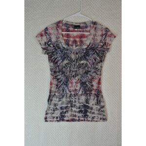 Daytrip Women's Medium Pink Embellished Dyed Grapic Print Fitted Top